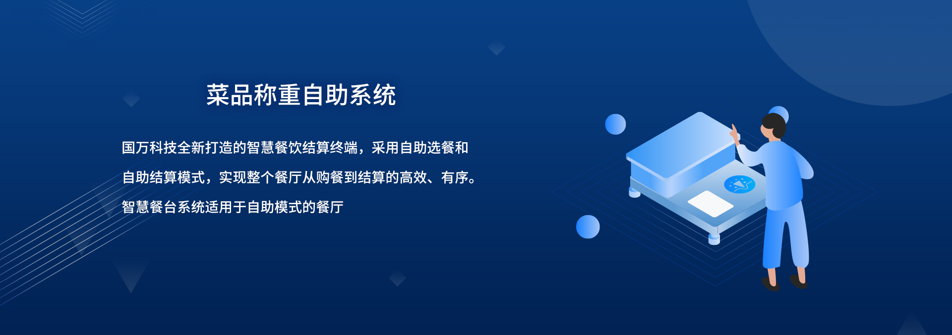 國(guó)萬(wàn)智慧食堂自助餐智能菜品稱重系統(tǒng)來(lái)襲啦，就餐人員關(guān)注公眾號(hào)后進(jìn)行自助充值，取餐盤進(jìn)行信息綁定；取餐時(shí)自行夾菜，菜品稱重機(jī)無(wú)感自動(dòng)稱重，系統(tǒng)自動(dòng)結(jié)算。